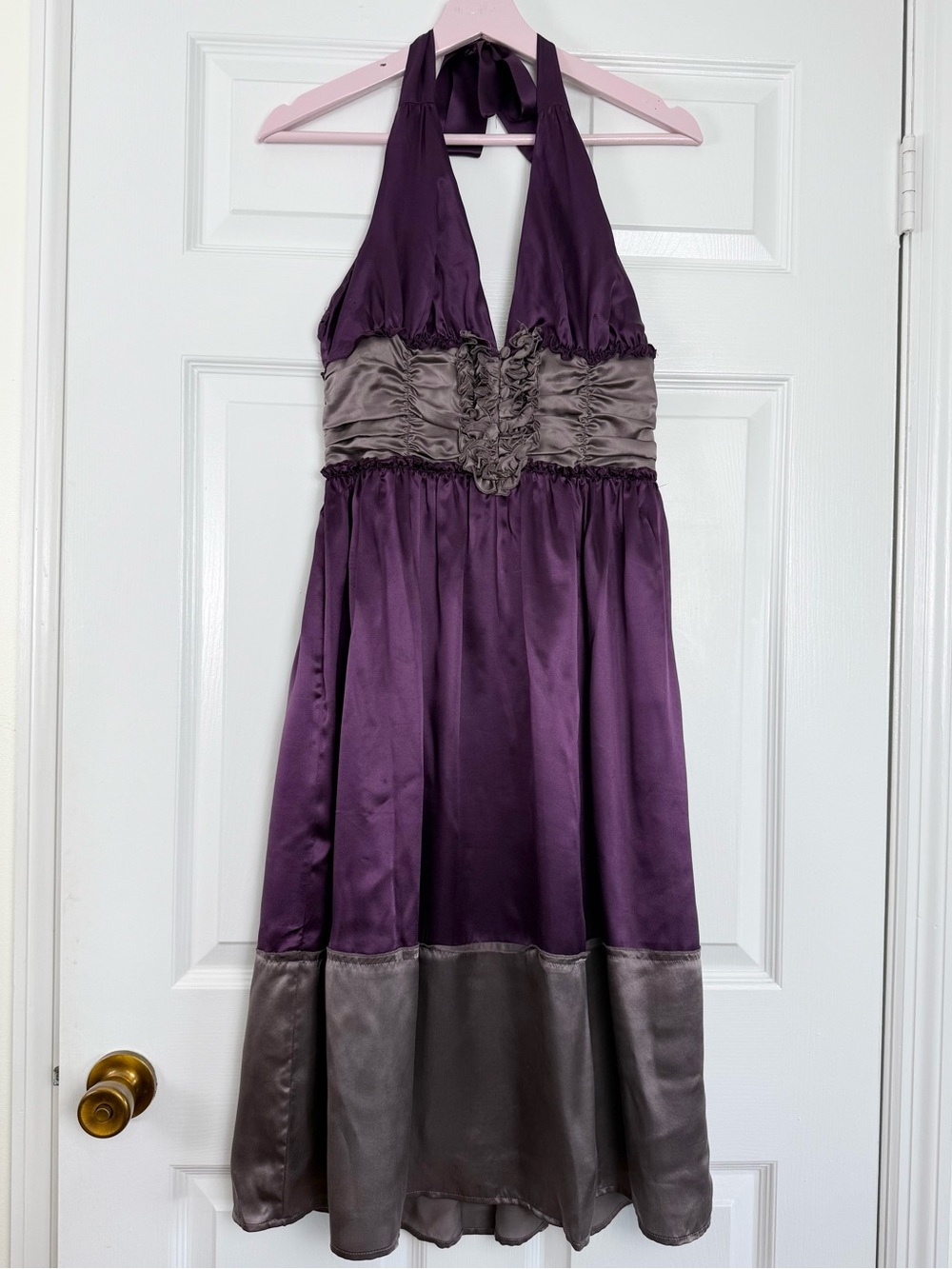 Y2K SILK To The Max Deep Purple Halter Dress Size 4